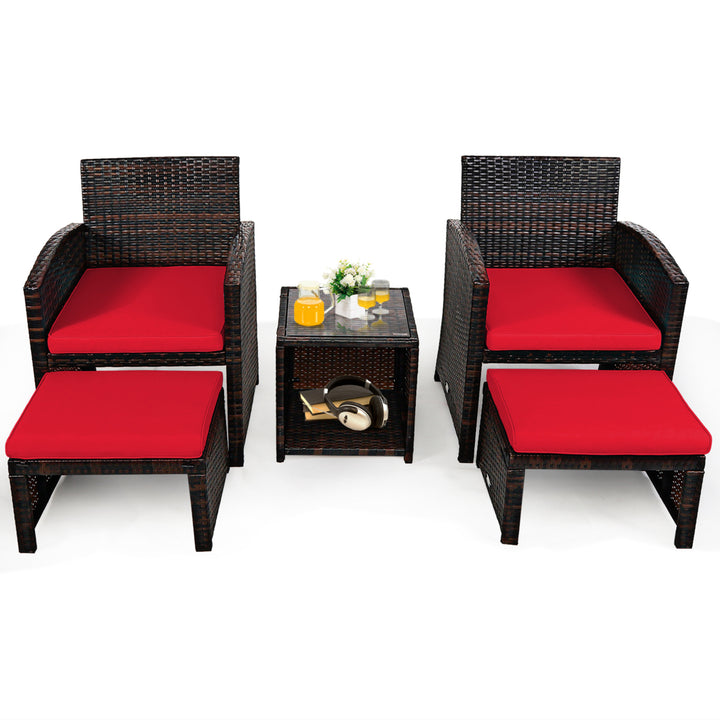 5PCS Rattan Patio Furniture Set Chair and Ottoman Set w/ Red Cushions Image 3