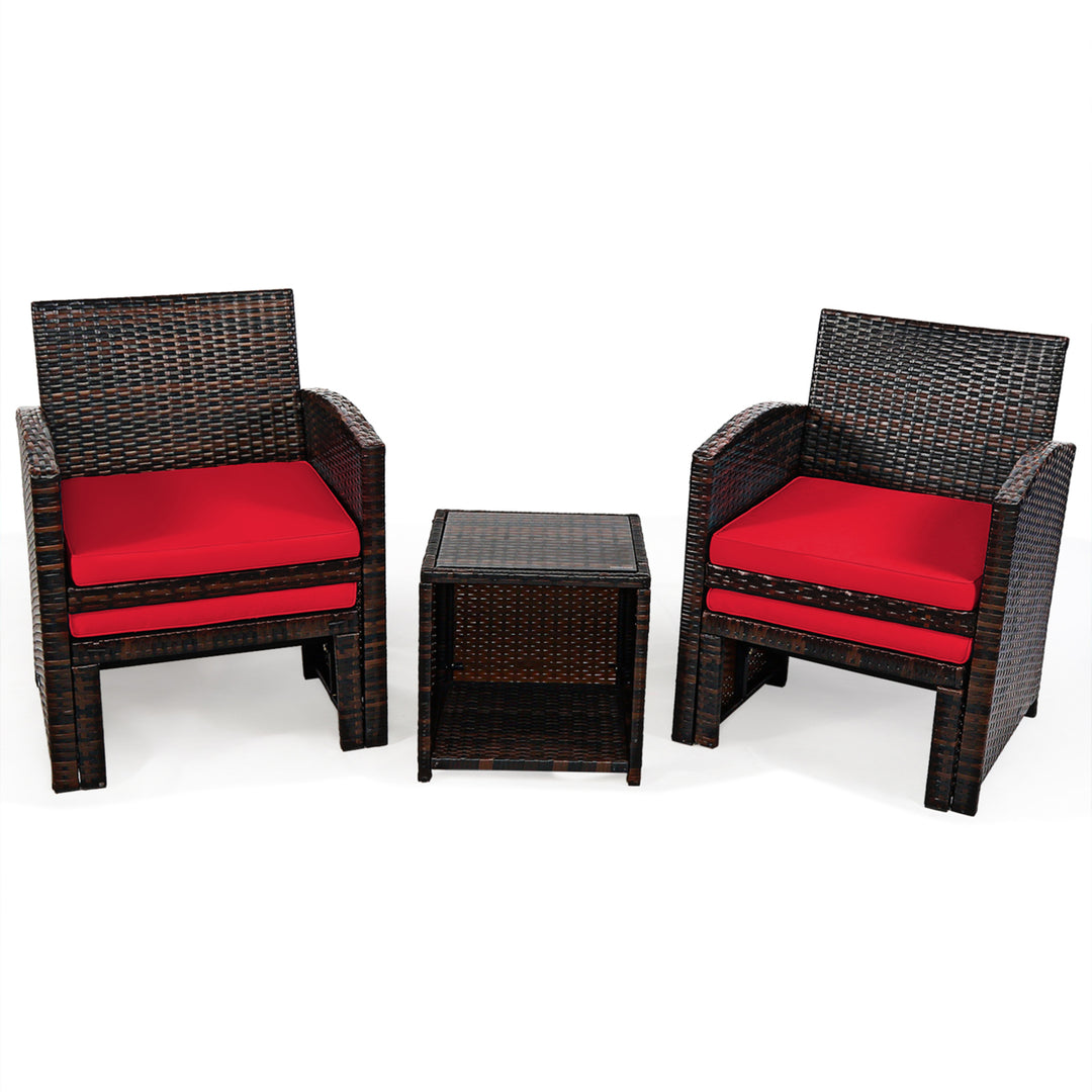 5PCS Rattan Patio Furniture Set Chair and Ottoman Set w/ Red Cushions Image 4