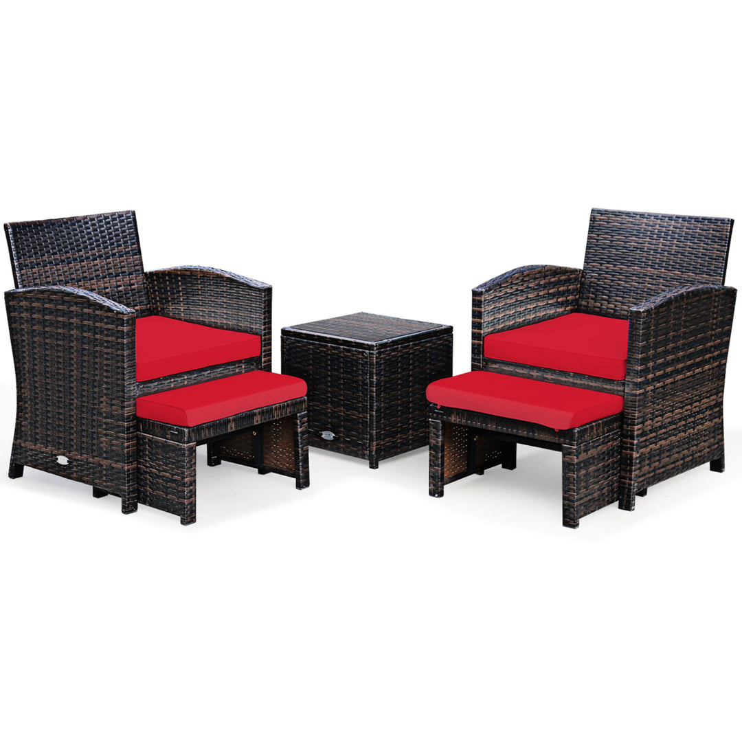 5PCS Rattan Patio Furniture Set Chair and Ottoman Set w/ Red Cushions Image 5