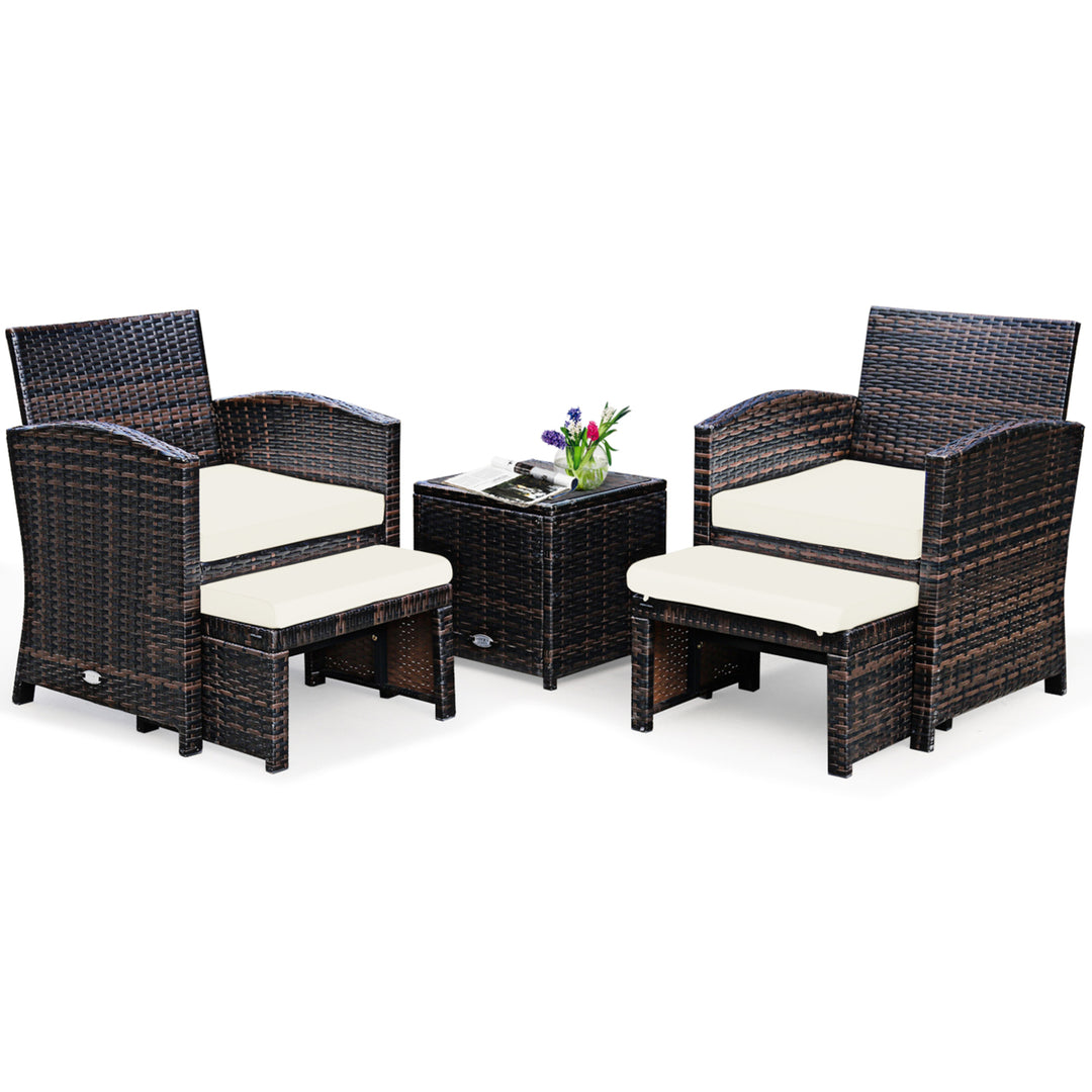 5PCS Rattan Patio Furniture Set Chair and Ottoman Set w/ White Cushions Image 1