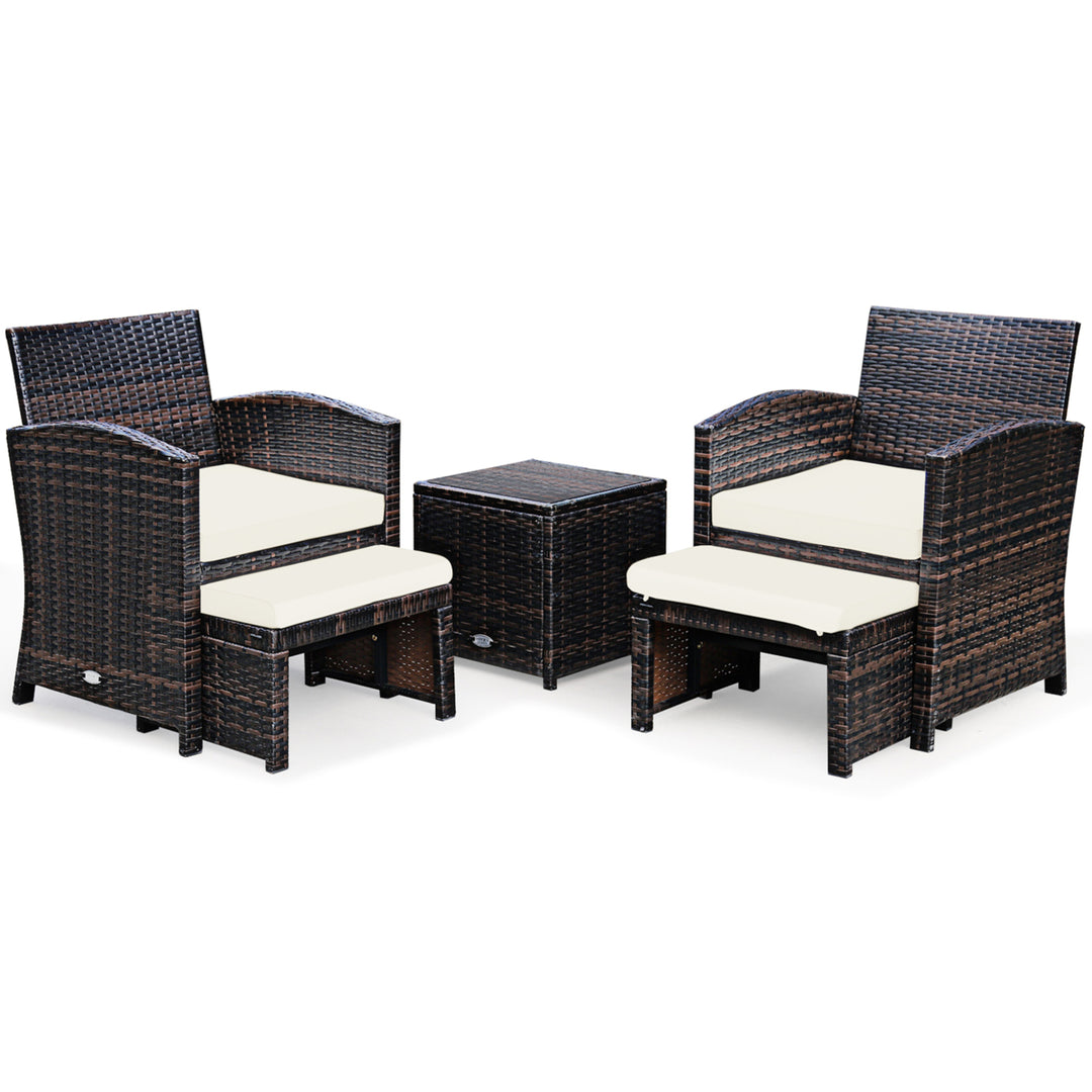 5PCS Rattan Patio Furniture Set Chair and Ottoman Set w/ White Cushions Image 5