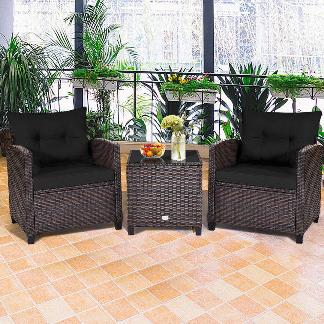 3PCS Outdoor Patio Rattan Conversation Set Garden Yard w/ Black Cushions Image 1