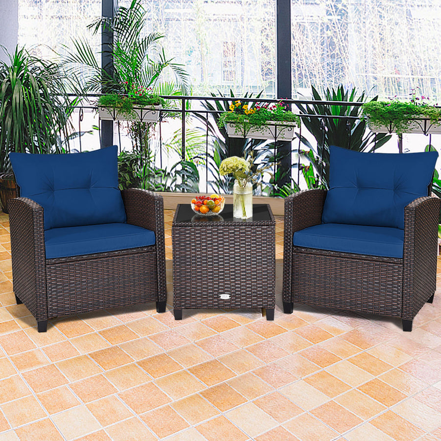 3PCS Outdoor Patio Rattan Conversation Set Garden Yard w/ Navy Cushions Image 1