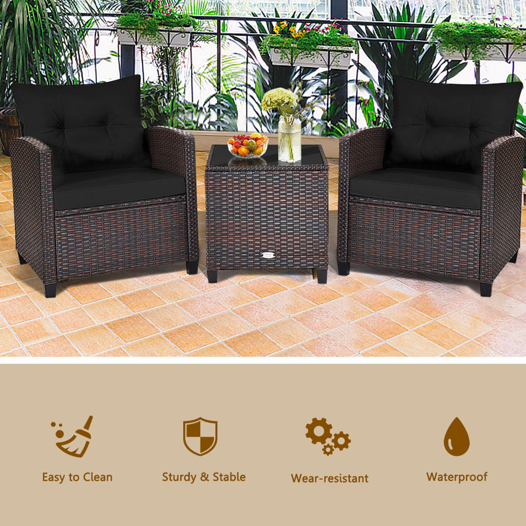 3PCS Outdoor Patio Rattan Conversation Set Garden Yard w/ Black Cushions Image 4