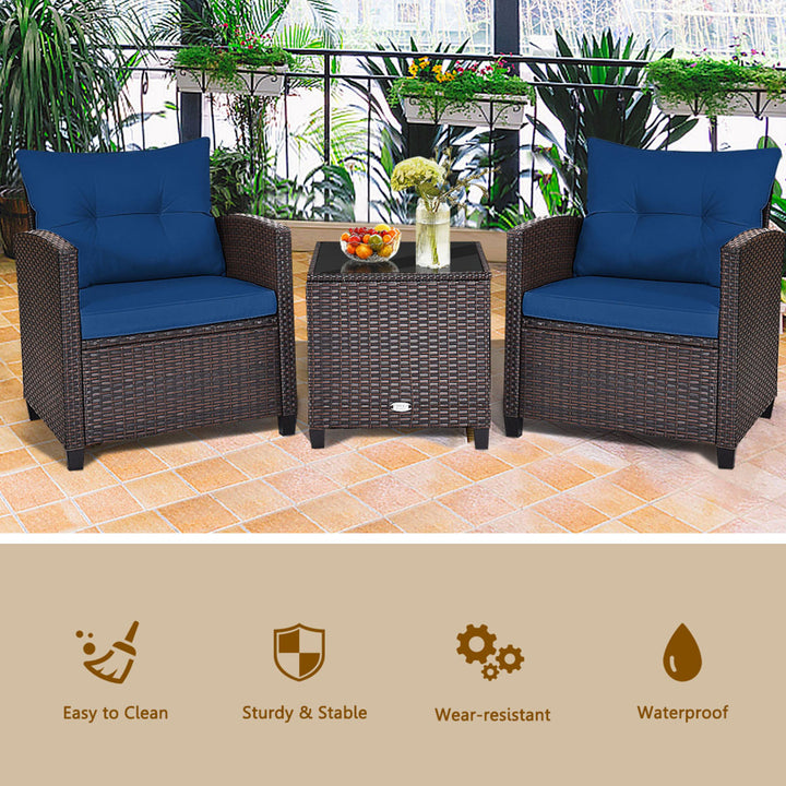 3PCS Outdoor Patio Rattan Conversation Set Garden Yard w/ Navy Cushions Image 4