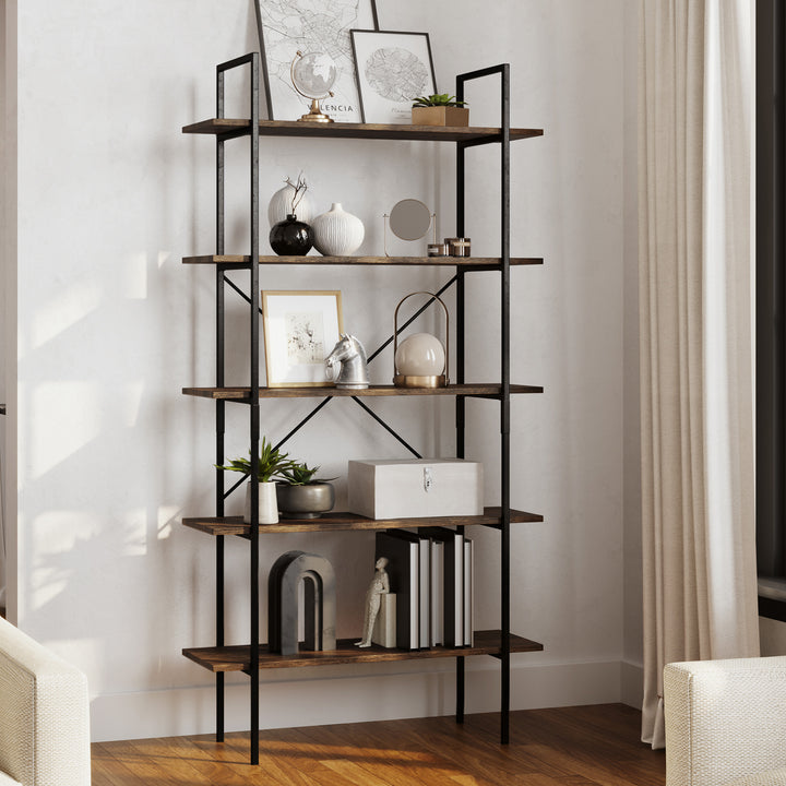 5 Tier Freestanding Bookshelf Metal Bars Wood Shelves 35.5 Inch Storage Unit Image 1