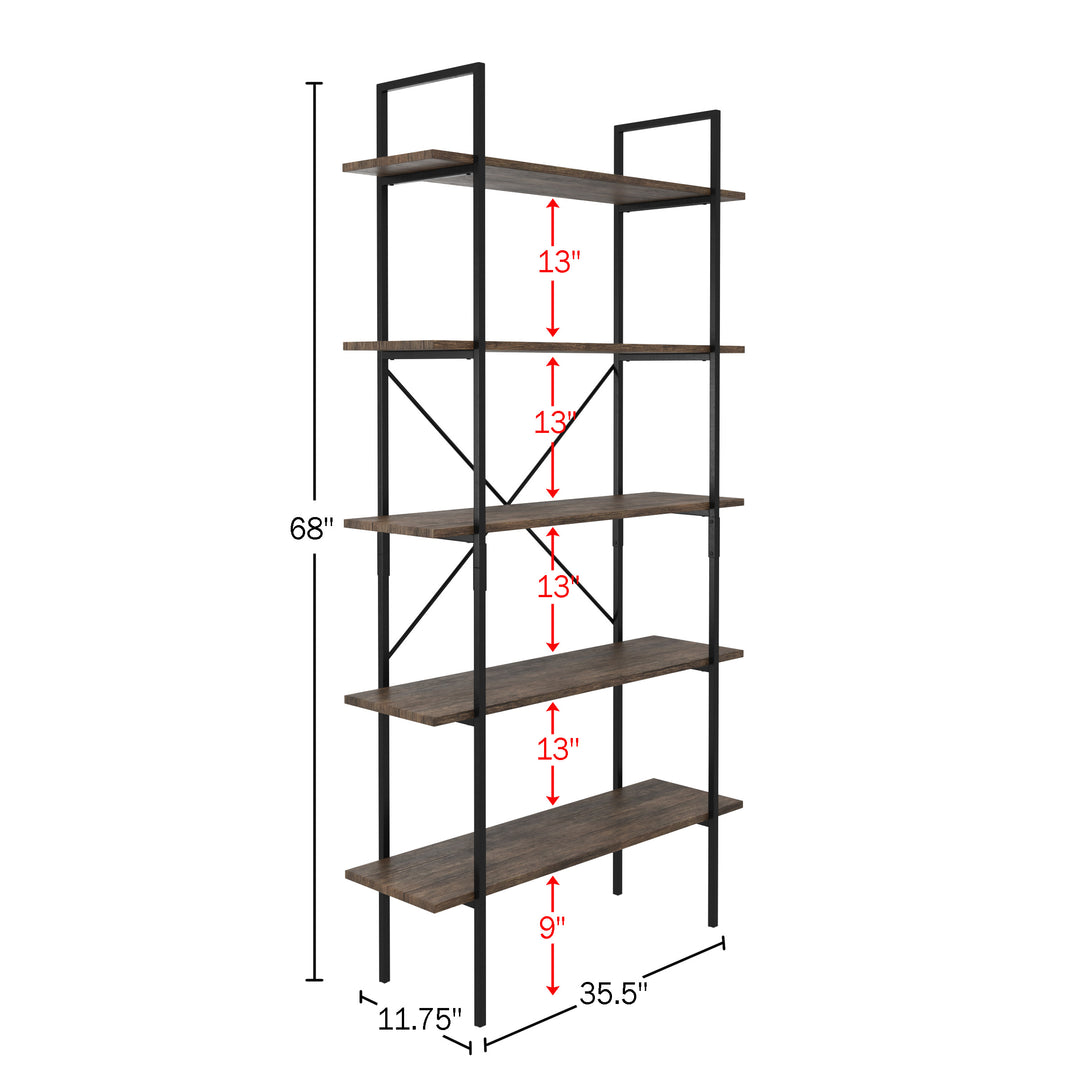 5 Tier Freestanding Bookshelf Bookcase 5 Wooden Shelves Metal Bars Image 2