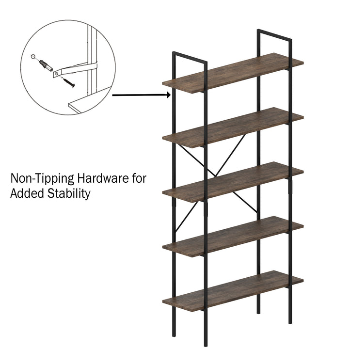 5 Tier Freestanding Bookshelf Metal Bars Wood Shelves 35.5 Inch Storage Unit Image 3