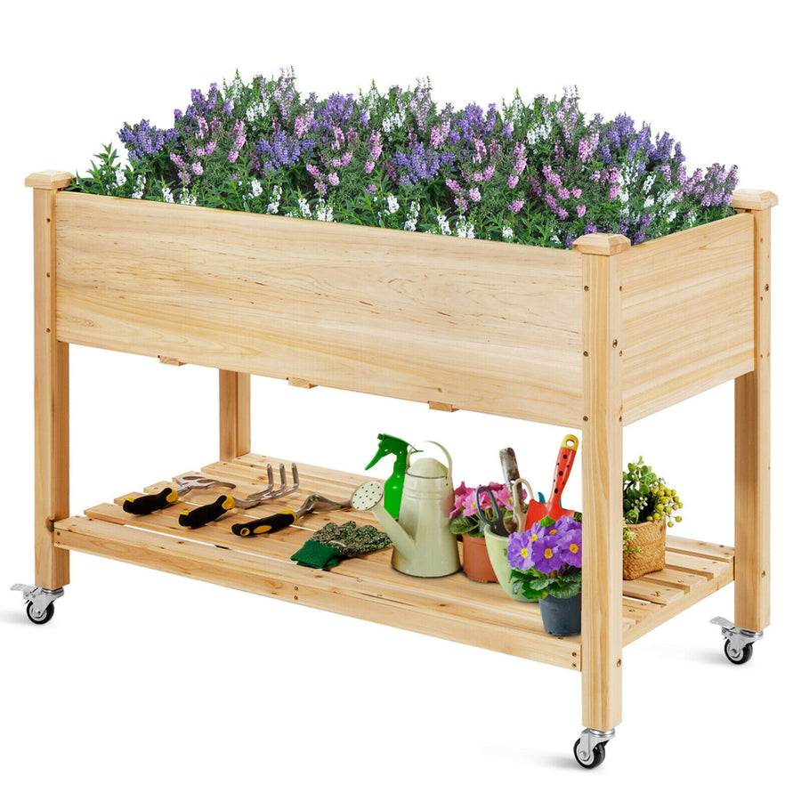 Raised Garden Bed Wood Elevated Planter Bed w/Lockable Wheels Shelf and Liner Image 1