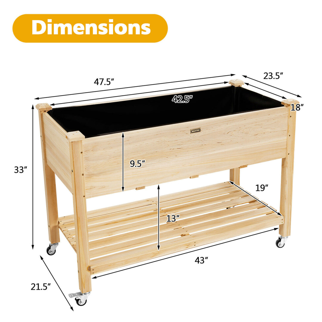 Raised Garden Bed Wood Elevated Planter Bed w/Lockable Wheels Shelf and Liner Image 2