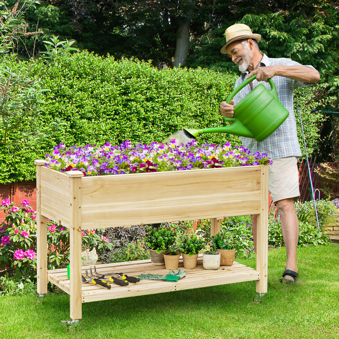 Raised Garden Bed Wood Elevated Planter Bed w/Lockable Wheels Shelf and Liner Image 3