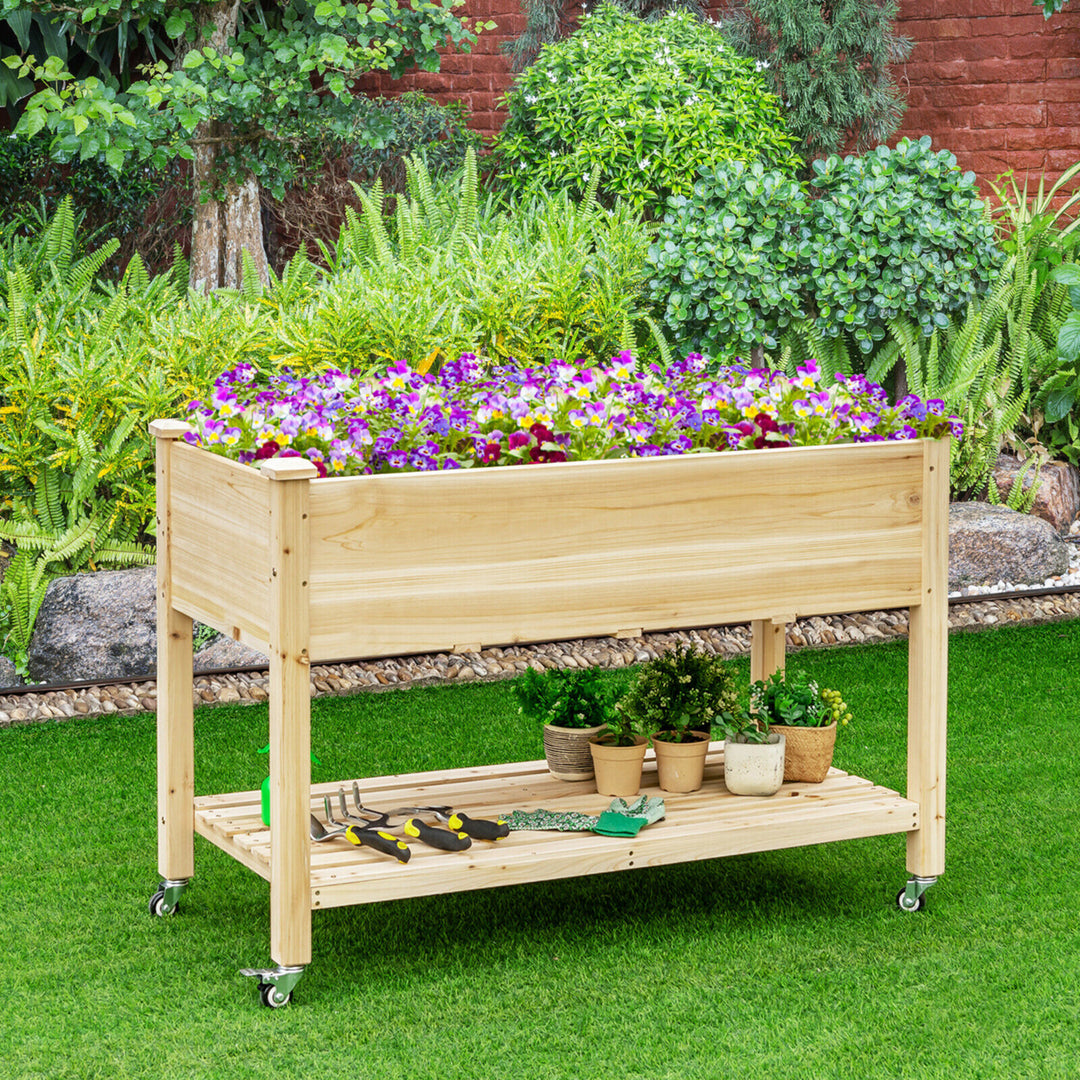 Raised Garden Bed Wood Elevated Planter Bed w/Lockable Wheels Shelf and Liner Image 4