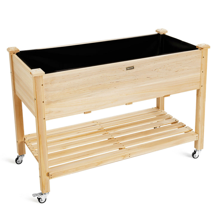 Raised Garden Bed Wood Elevated Planter Bed w/Lockable Wheels Shelf and Liner Image 5