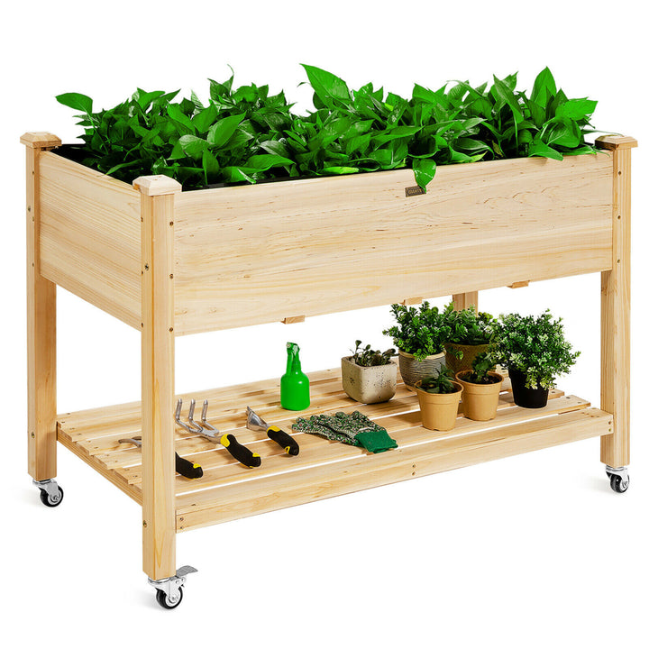 Raised Garden Bed Wood Elevated Planter Bed w/Lockable Wheels Shelf and Liner Image 6