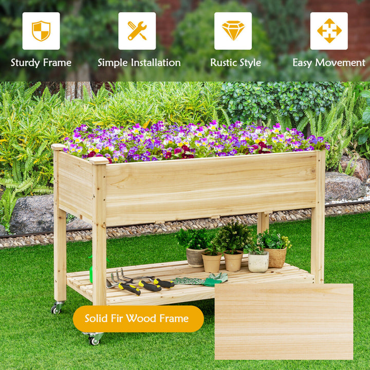 Raised Garden Bed Wood Elevated Planter Bed w/Lockable Wheels Shelf and Liner Image 7