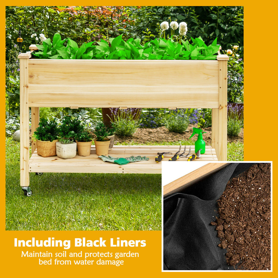 Raised Garden Bed Wood Elevated Planter Bed w/Lockable Wheels Shelf and Liner Image 8