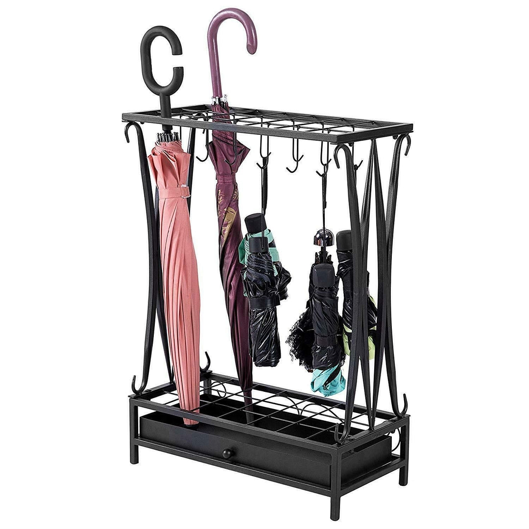 Modern Black Metal Umbrella Stand Holder Storage Rack with Removable Drip Tray Image 1