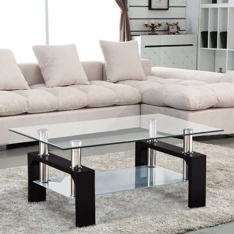 Mecor Rectangle Glass Coffee Table-Modern Side Coffee Table with Lower Shelf Black Wooden Legs-Suit for Living Room Image 1