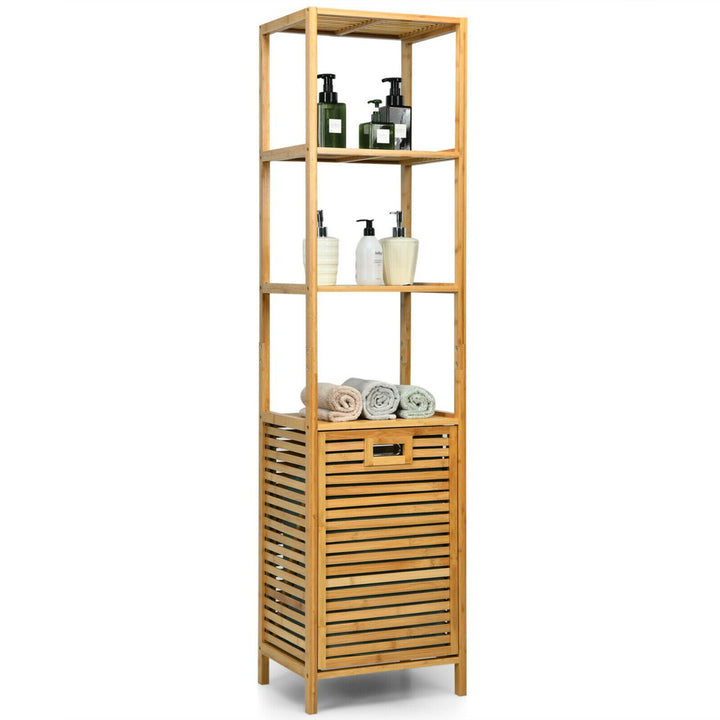 Bathroom Tilt-out Laundry Hamper Bamboo Tower Hamper w/3-Tier Shelves Image 1