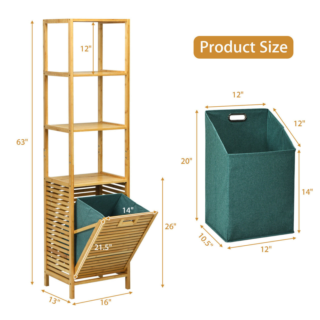 Bathroom Tilt-out Laundry Hamper Bamboo Tower Hamper w/3-Tier Shelves Image 2