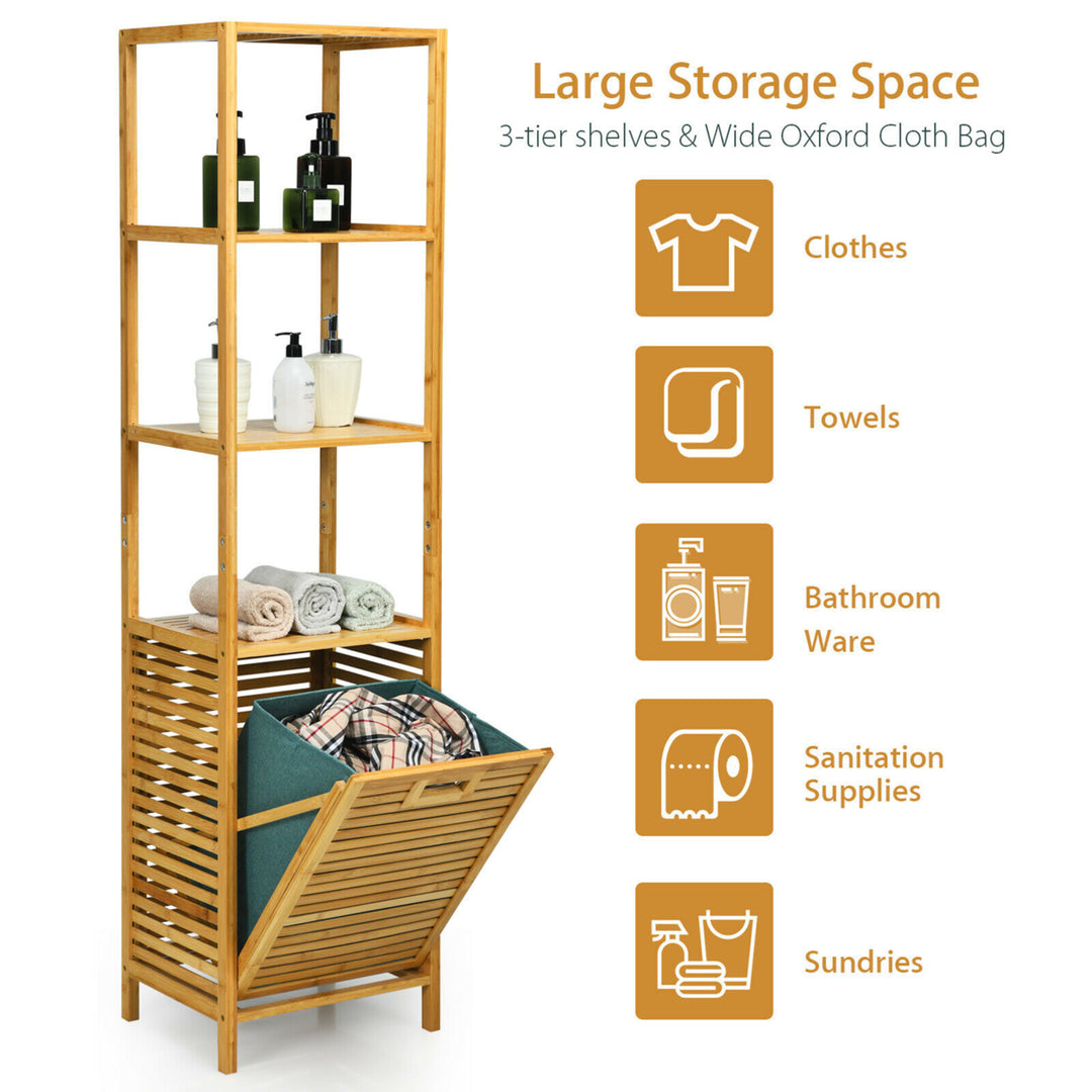 Bathroom Tilt-out Laundry Hamper Bamboo Tower Hamper w/3-Tier Shelves Image 5