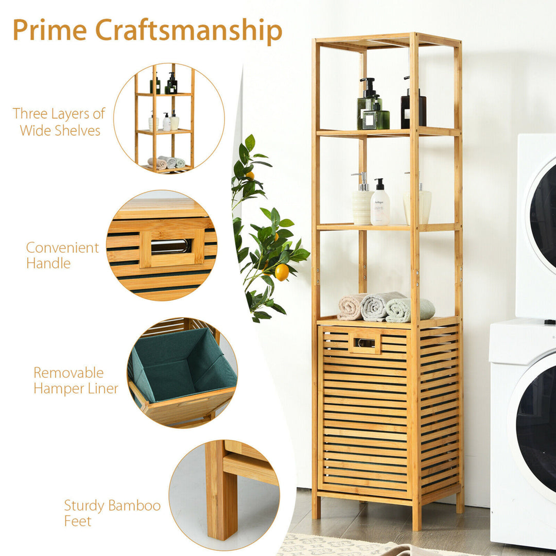 Bathroom Tilt-out Laundry Hamper Bamboo Tower Hamper w/3-Tier Shelves Image 9