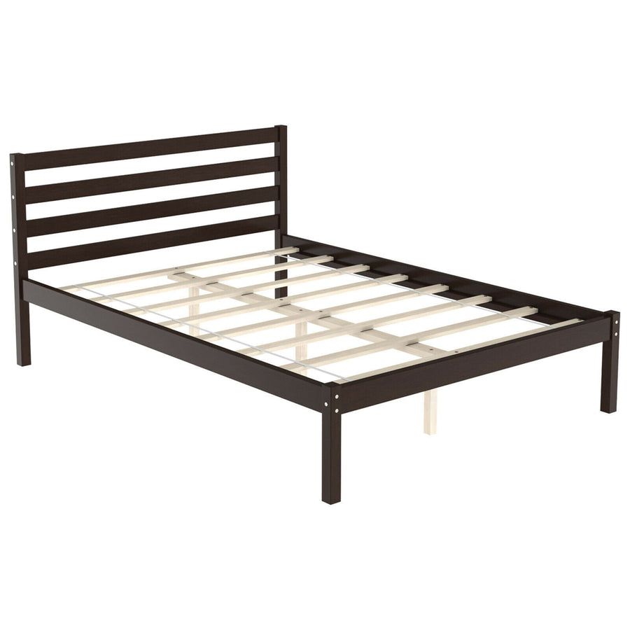 Full Wood Platform Bed Frame Headboard Slat Support Mattress Foundation Image 1