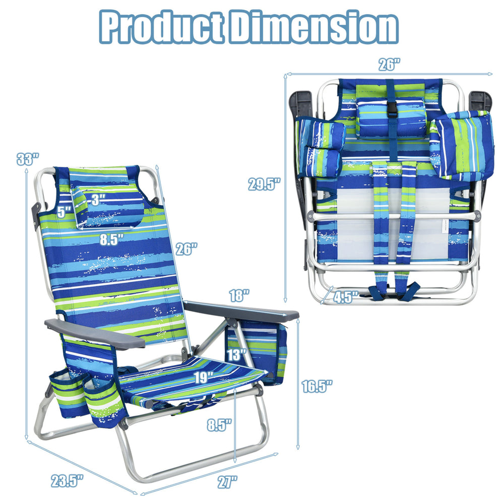 2PCS Folding Backpack Beach Chair Reclining Camping Chair w/ Storage Bag Image 2