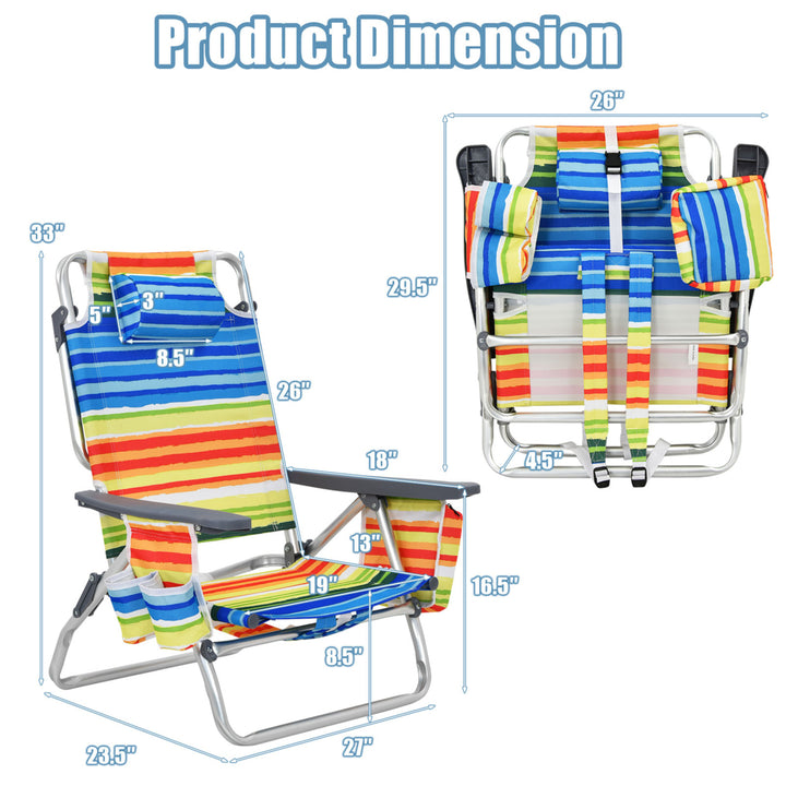 2PCS Folding Beach Backpack Chair Reclining Camping Chair w/ Storage Bag Image 2