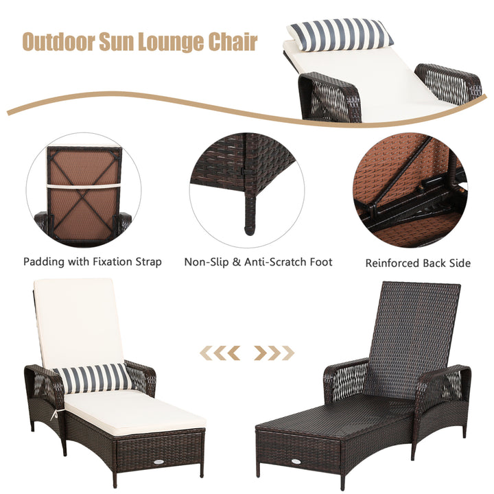 Rattan Patio Lounge Chair Chaise w/ Adjustable Backrest Cushion and Pillow Image 8