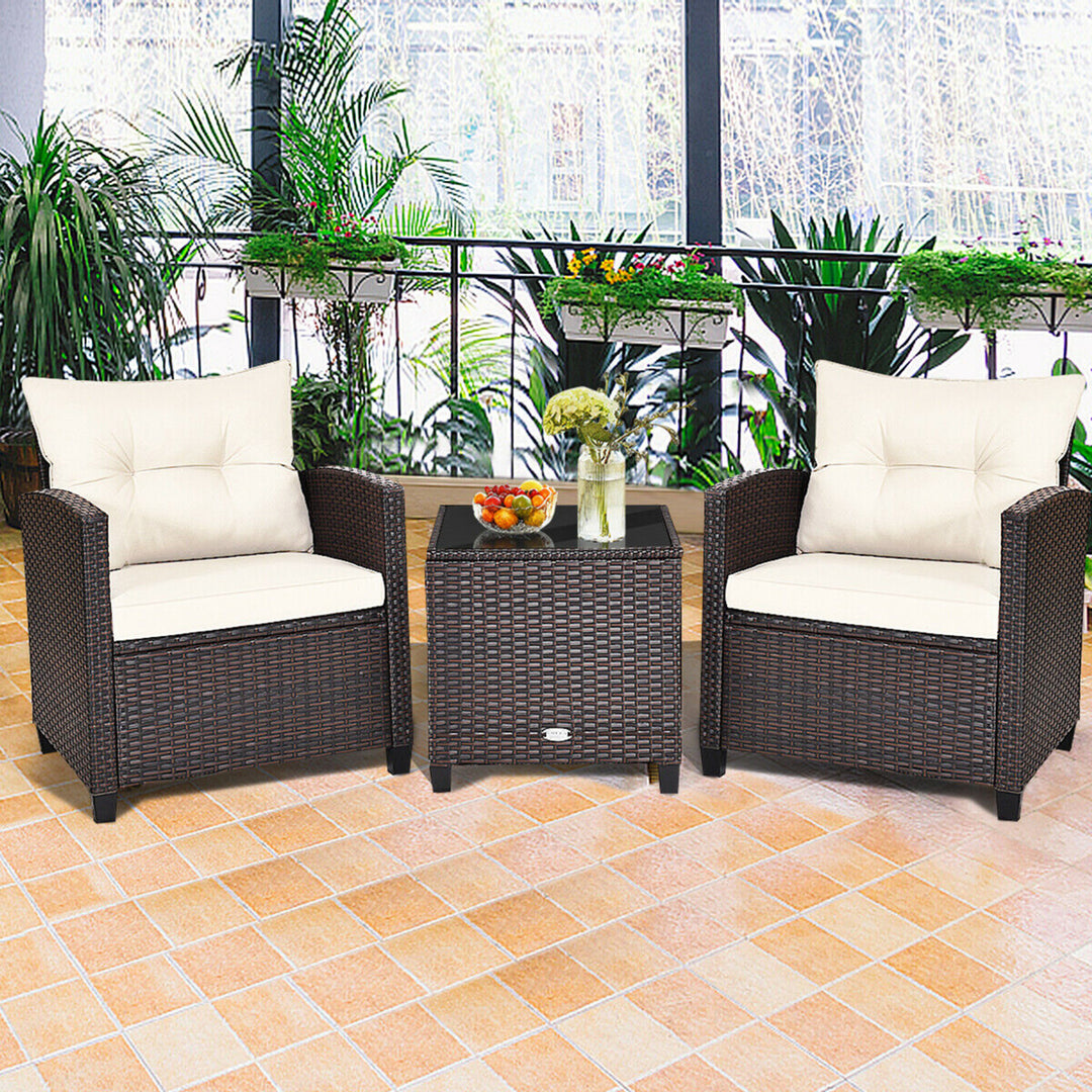 3PCS Outdoor Patio Rattan Conversation Set Garden Yard w/ Off White Cushions Image 1