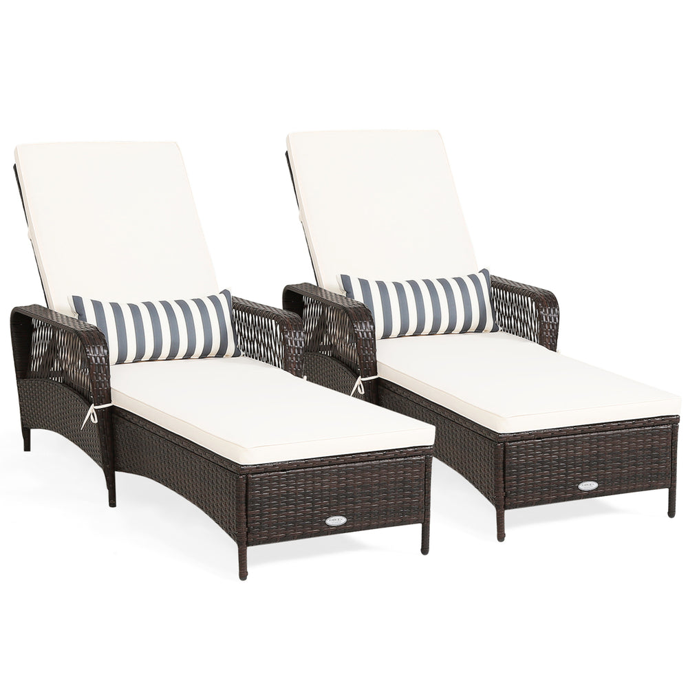 Set of 2 Rattan Patio Lounge Chair Chaise w/ Adjustable Backrest Cushion and Pillow Image 2