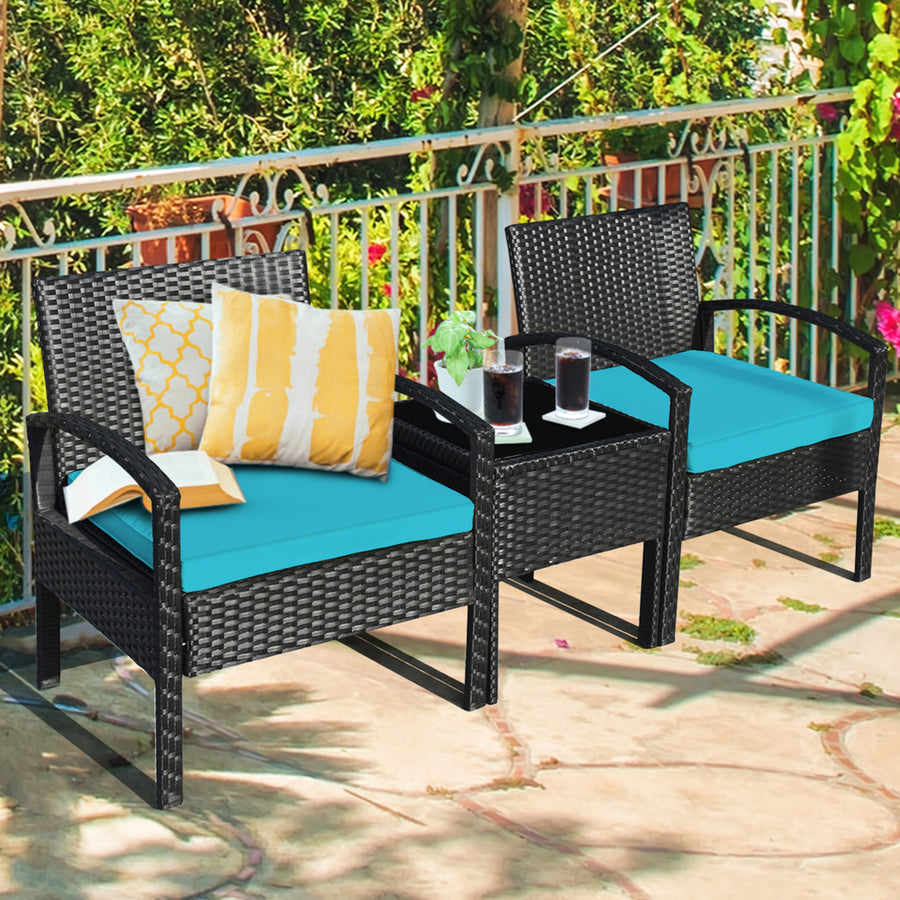 3PCS Patio Rattan Conversation Furniture Set Outdoor Yard w/ Turquoise Cushions Image 1