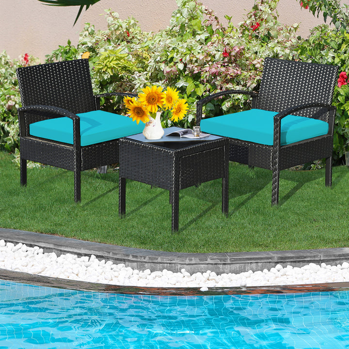 3PCS Patio Rattan Conversation Furniture Set Outdoor Yard w/ Turquoise Cushions Image 3