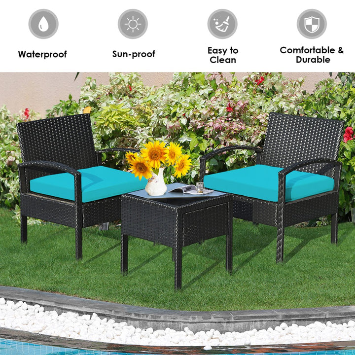 3PCS Patio Rattan Conversation Furniture Set Outdoor Yard w/ Turquoise Cushions Image 4