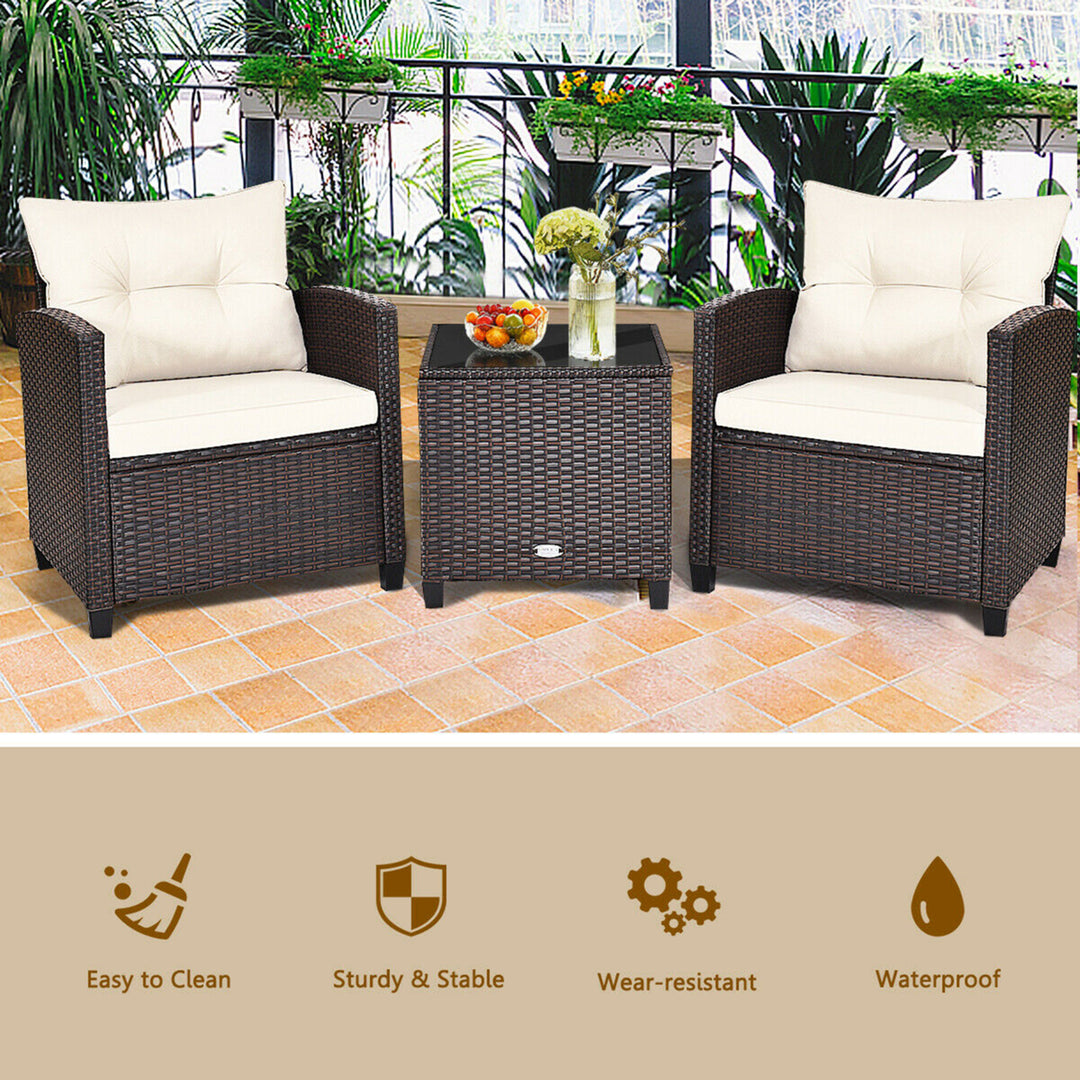 3PCS Outdoor Patio Rattan Conversation Set Garden Yard w/ Off White Cushions Image 5