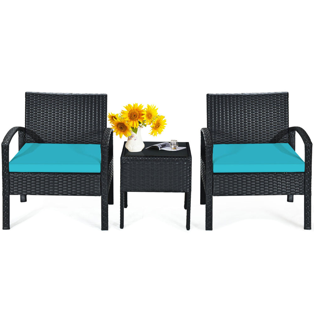 3PCS Patio Rattan Conversation Furniture Set Outdoor Yard w/ Turquoise Cushions Image 2