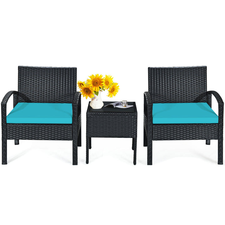 3PCS Patio Rattan Conversation Furniture Set Outdoor Yard w/ Turquoise Cushions Image 2