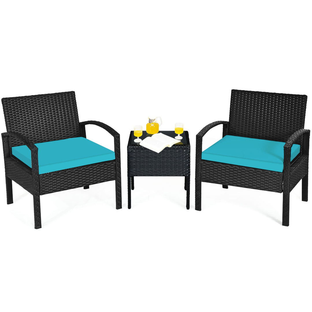 3PCS Patio Rattan Conversation Furniture Set Outdoor Yard w/ Turquoise Cushions Image 8