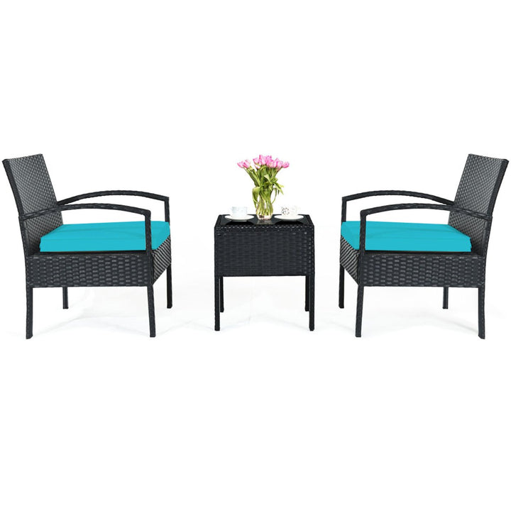 3PCS Patio Rattan Conversation Furniture Set Outdoor Yard w/ Turquoise Cushions Image 9