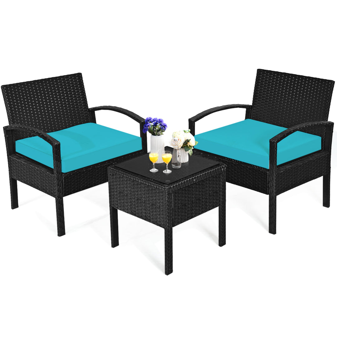 3PCS Patio Rattan Conversation Furniture Set Outdoor Yard w/ Turquoise Cushions Image 10