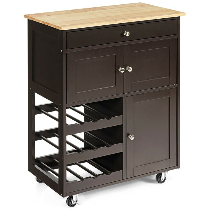 Rolling Kitchen Island Serving Cart Storage Cabinet w/ Wine Rack Image 1