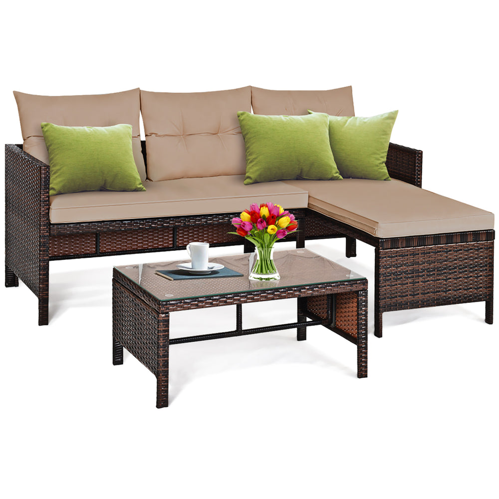 Costway 3PCS Patio Wicker Rattan Sofa Set Sectional Conversation Set Outdoor Image 2