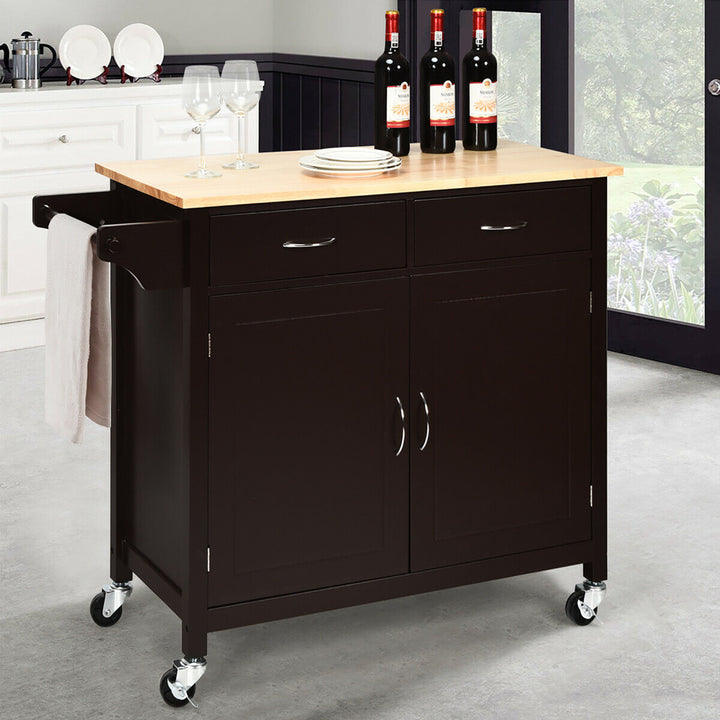 Modern Rolling Kitchen Island Cart Wood Top Storage Trolley with Storage Drawers Image 1