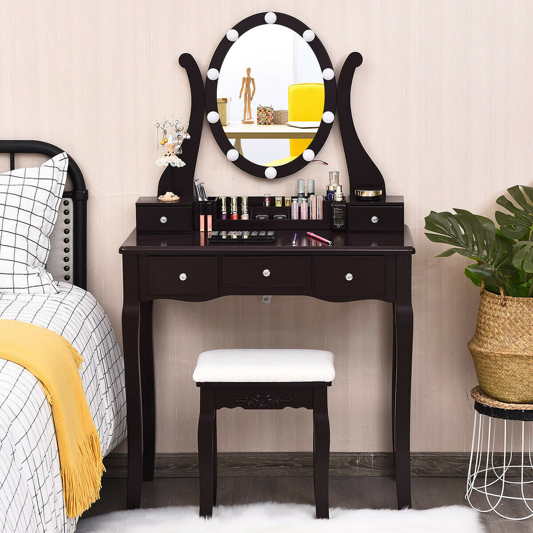 Vanity Table Set w/10 Light Bulbs and Touch Switch Makeup Dressing Table White/Brown/Black Image 1