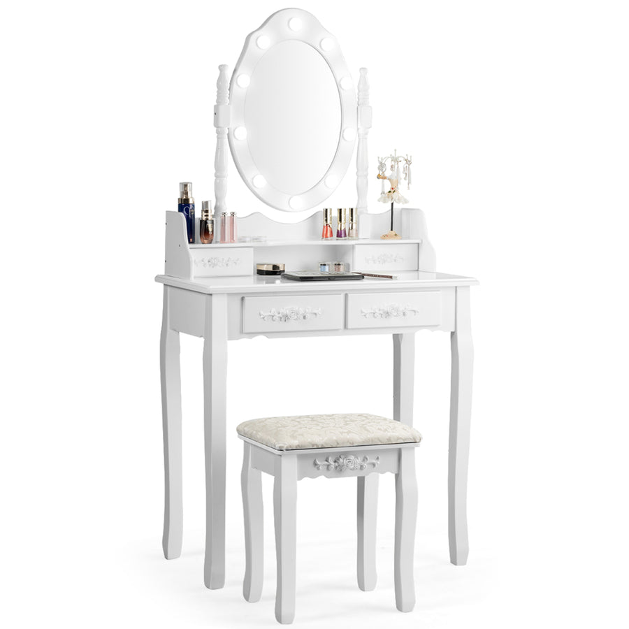 Makeup Vanity Dressing Table Set w/10 Dimmable Bulbs Cushioned Stool Image 1