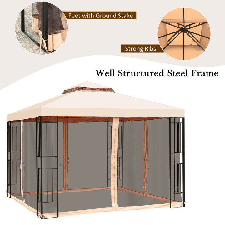 10x10ft Metal Gazebo W/ Mosquito Netting Canopy Gazebo 2 Tier Vented Gazebo Top Image 10