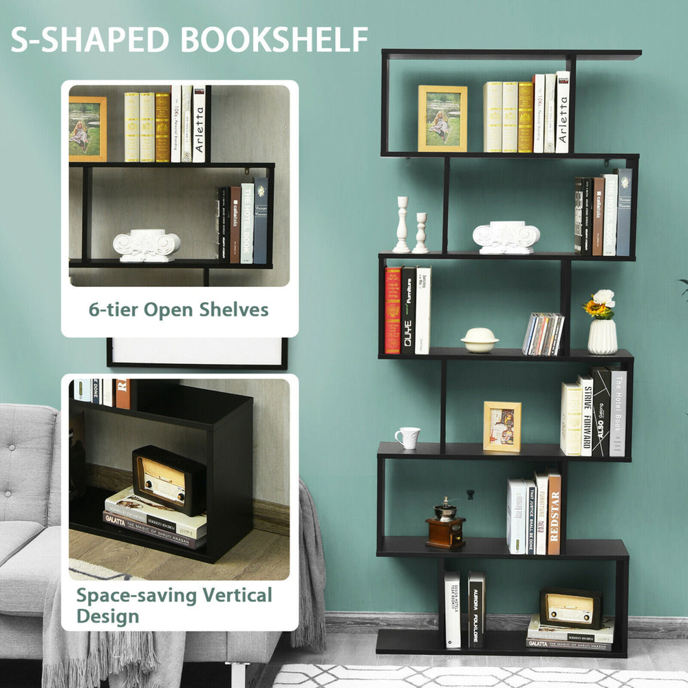 2 PCS 6 Tier S-Shaped Bookshelf Storage Display Bookcase Z-Shelf Image 2