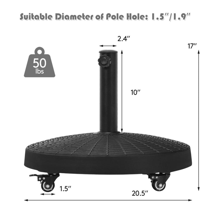 50 lbs Round Resin Patio Umbrella Base Stand Holder w/ Lockable Wheels Image 2