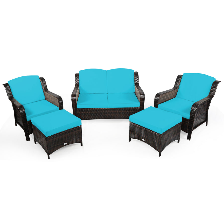 5PCS Rattan Patio Conversation Sofa Furniture Set Outdoor w/ Turquoise Cushions Image 1